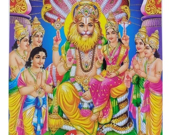 Lord Narasimha With Lakshmi Maa Golden Zari Art Work Poster Without Frame (24 X 36 Inches)