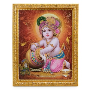 Bal Krishna Beautiful Sparkle Print Elegant Photo In Golden Artwork Frame (11 X 13 Inches) OR (27.94 X 33.02 Cms)
