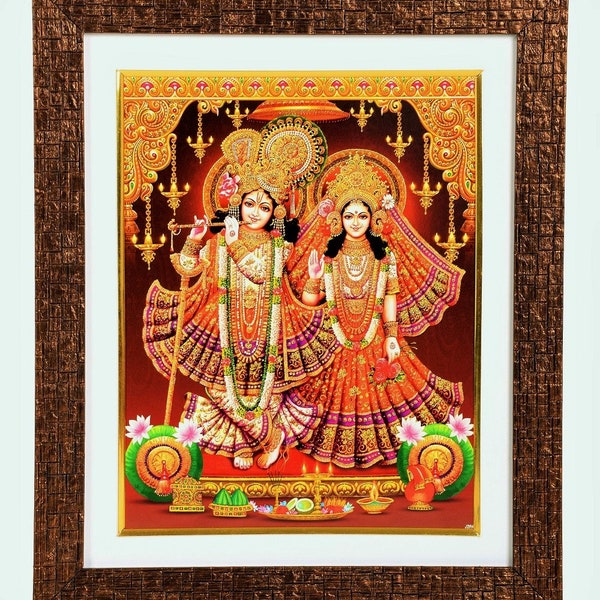 Radha Krishna Beautiful Golden Zari Work Photo In Copper Color Brick Finish Wooden Frame  (12 X 14.5 Inches)