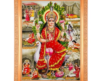 Manasa Mata (Goddess Of Snakes) Silver Zari Art Work Photo In Golden Frame Big (14 X 18 Inches)