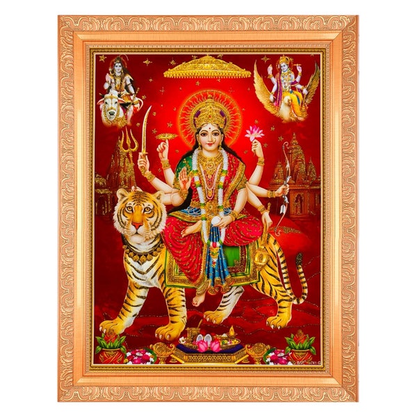Maa Durga Shivji Vishnuji Beautiful Golden Zari Photo In Art Work Golden Frame (11 x 14 Inches)OR (27.94 X 35.56 Cms) Available In 2 Designs