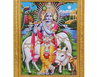 Krishna Bhagwan Silver Zari Art Work Photo In Golden Frame (11 X 13 Inches) OR (27.94 X 33.02 Cms)