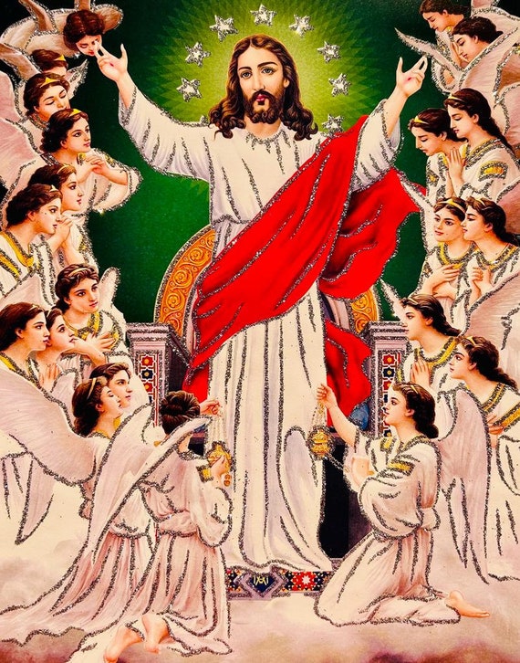 Lord Jesus Christ With Angels Zari Art Print in Golden Frame - Etsy