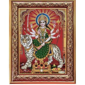 Sherawali Maa Durga Goldener Kunst Fotodruck Im Goldenen Wandbehang-/-TableTop-Rahmen (7,50 X 9,50 Zoll) ODER (19,05 X 24,13 Cm) -6 DESIGNS