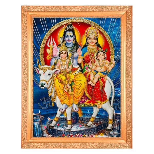 Shiv Bhagwan WIth Pariwar Golden Zari Art Work Photo In  Golden  Artwork Frame Big (14 X 18 Inches) 2 Designs Available