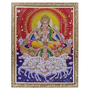 Surya Dev Ji With 7 Horses Painting Print Silver Zari Artwork Photo In Copper Gold Artwork Frame Big (14 X 18 Inches)