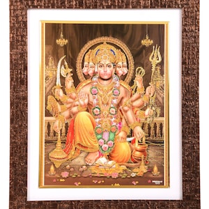 Panchmukhi Hanuman Golden Zari Work Photo In Copper Color Brick Finish Wooden Frame (12 X 14.5 Inches)