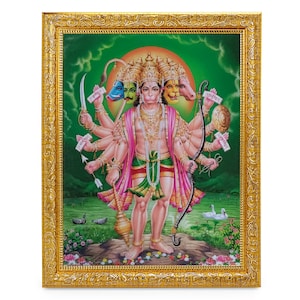 Panchmukhi Hanuman Wunderschöner Glanzdruck Elegantes Foto Im Goldenen Kunstwerkrahmen (11 X 13 Zoll) ODER (27,94 X 33,02 cm)
