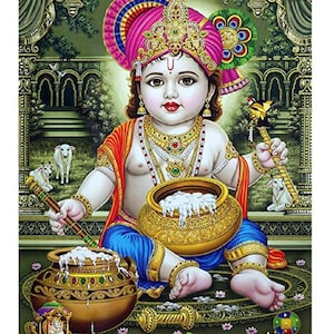 BEST SELLER Bal Krishna Golden Zari Art Work Poster Without Frame (24 X 36 Inches)
