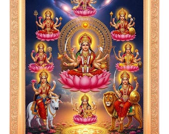 Ashta Lakshmi Golden Foil Art, Ornate Framed Photo (11x14/14x18 Inch)