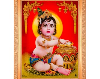 Collection vintage d&#39;art moderne Bal Krishna, photo en 5 dimensions (effet 5D) dans un cadre doré, grand (40 x 18 pouces) disponible en 2 modèles