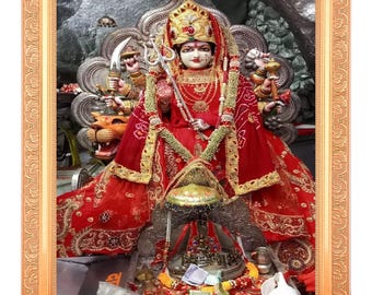 女神ドゥルガー・ヴァイシュノー・デーヴの額入りプリント、宗教的な壁