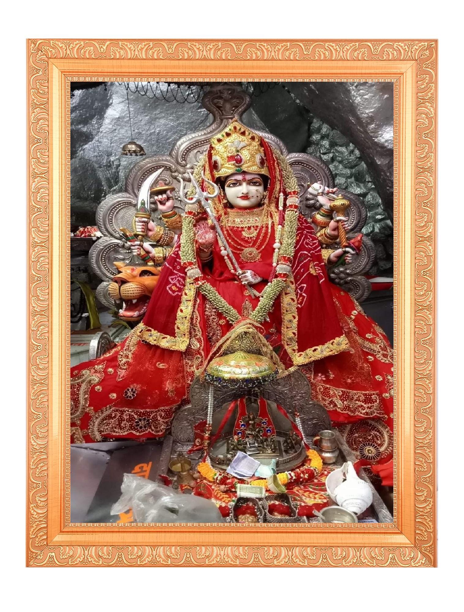 女神ドゥルガー・ヴァイシュノー・デーヴの額入りプリント、宗教的な壁