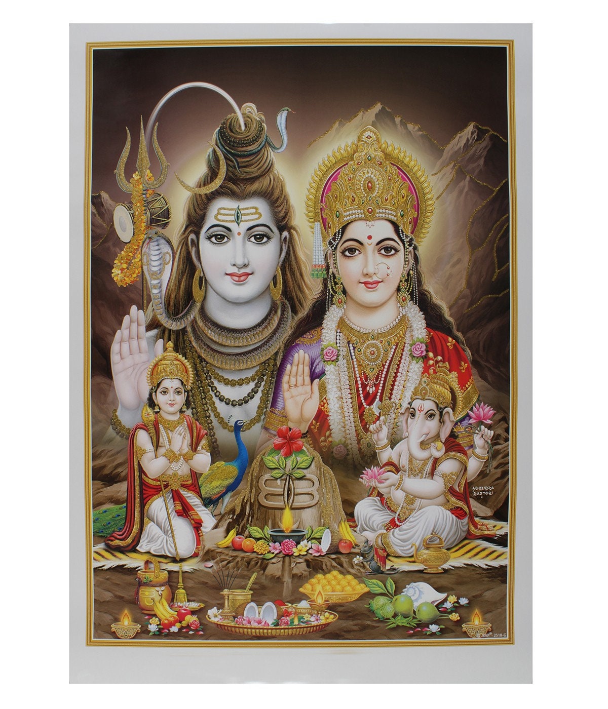 Buy Shiv Parivar Golden Zari Art Work Poster Without Frame 24 X ...
