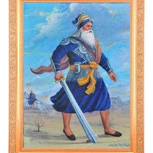 May include: A painting of a man in a blue robe and turban holding a sword. He is standing in a desert landscape with a blue sky and clouds in the background.