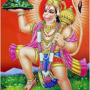 Hanuman With Parvat Wall Poster With Golden Art Zari Work Without Frame (24 X 36 Inches)