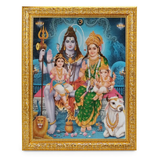 Shiv Parvati Parivar Beautiful Sparkle Print Elegant Photo In Golden Artwork Frame (11 X 13 Inches) OR (27.94 X 33.02 Cms)