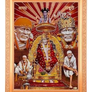 Sai Baba Shirdi In Different Forms Silver Zari Art Work Photo In Golden Frame Big (14 X 18 Inches) Religious Gifting