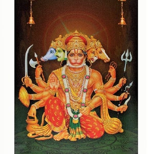 Vintage Panchmukhi Hanuman Sparkle Print Wall Sticker Poster Without Frame (20 X 28 Inches)