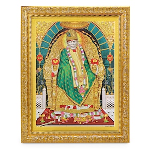Religious Wall Decor Shirdi Sai Baba Silver Zari Art Work Photo in Golden Frame Big 14 X 18 Inches Religious Wall Decor Shirdi Sai Baba Silver Zari Art Work Photo in Golden Frame Big 14 X 18 Inches