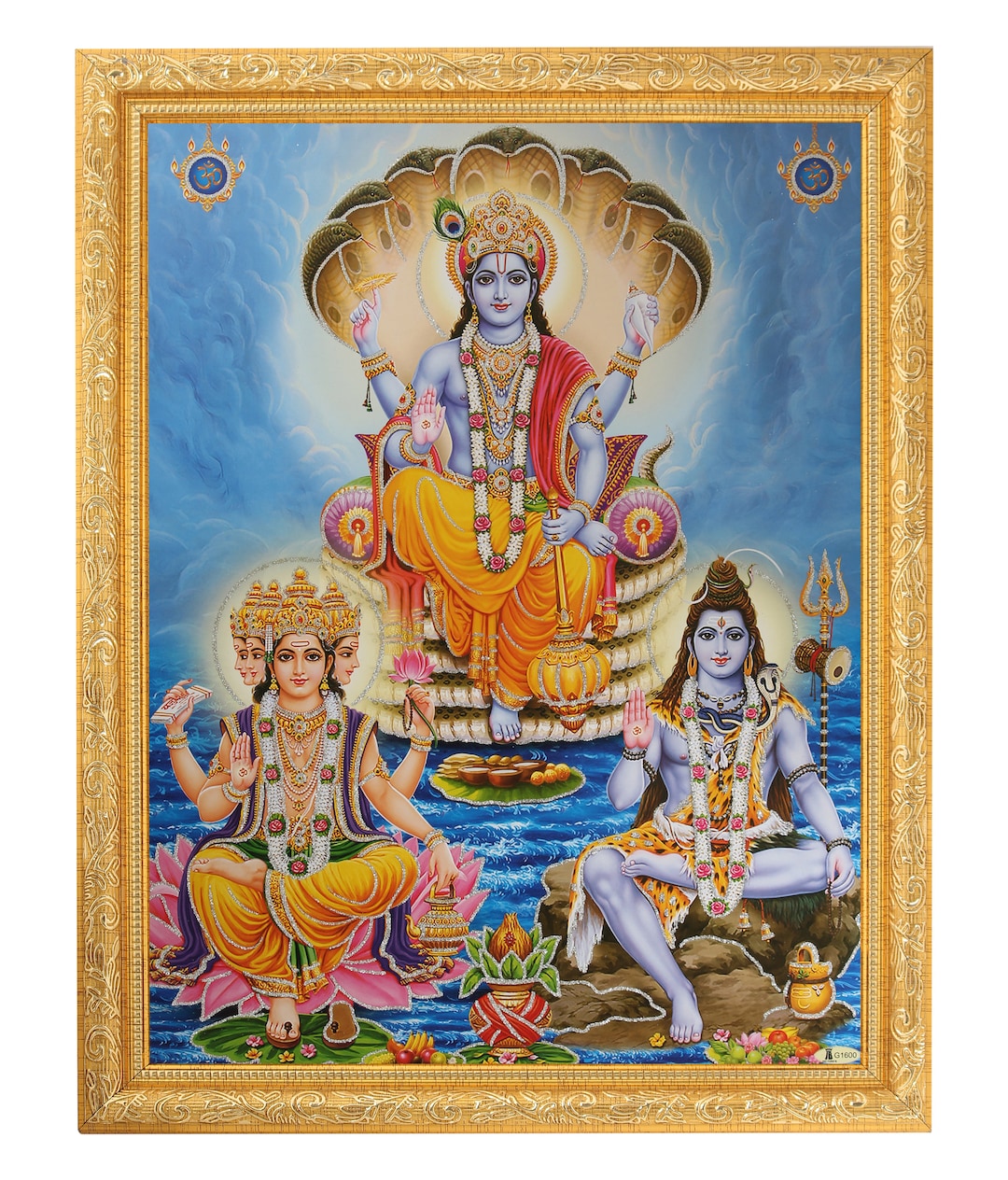 シヴァ、ヴィシュヌ、ブラフマーのアート写真（金枠入り、14x18インチ