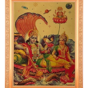 Vishnu Bhagwan With Lakshmi Maa Beautiful Golden Foil Photo in Artwork ...