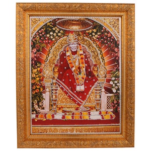 Shirdi Sai Baba Silver Zari Art Work Photo In Golden Frame (11 X 14Inches) AND  (14 Inches X 18 Inches) {{ Available In 2 Size}}