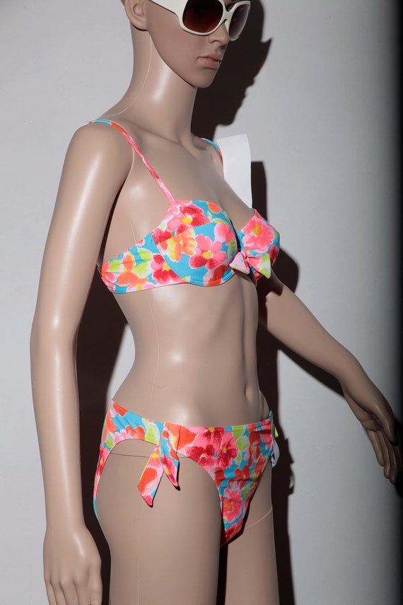 80s swimsuit, 80s swimsuit, multicolored flower bl