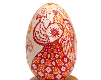 Ukrainian gift. Real pysanka, big goose egg. Holy Angel wax painted egg. Fairytale illustration, bright colors. Heartfelt gift. Made in Kyiv
