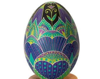 Real pysanka, goose egg. Ukrainian souvenir. Floral design hand painted egg. Lotus flower style. Heartfelt gift. Bright home decoration.