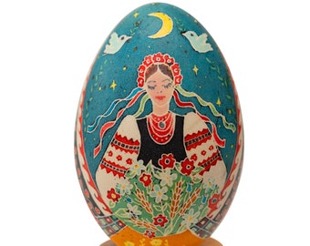 Ukrainian souvenir Real pysanka big goose egg. Ukrainian women in Vyshyvanka dress. Handmade wax painted egg in batik style. Heartfelt gift