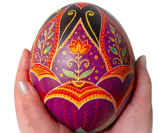 Hand-Painted Ostrich Egg Pysanka: Ukrainian Lotus Flower Art