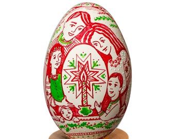 Ukrainian handmade gift Pysanka big goose egg shell art Vyshyvanka style Family gift idea Tree of life, family, candle, star Home decoration