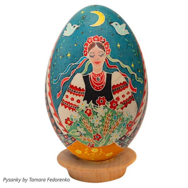 Ukrainian souvenir Real pysanka big goose egg. Ukrainian women in Vyshyvanka dress. Handmade wax painted egg in batik style. Heartfelt gift