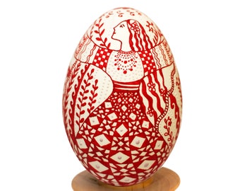 Handmade Ukrainian Pysanka Egg, Goose Egg, Girl and Tree of Life Design