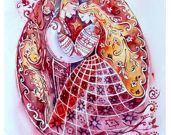 Wedding aniversary Watercolor painting. Wall hanging art decor on watercolor paper Souvenir gift