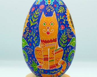 Cats and Sunflowers on Real big Pysanka egg. Ukrainian hand made souvenir. Christmas gift, Easter gift, Cat lovers gift