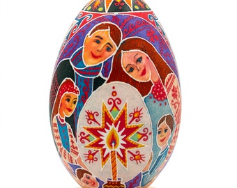 Ukrainian family illustration. Real big goose PYSANKA EGG. Commemorative gift. Ukrainian souvenir. Handmade gift. Easter egg in batik style