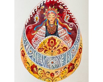 Original watercolor painting Ukrainian girl art Woman Lunula Moon pendant style Wall hanging art decor on watercolor paper Souvenir gift