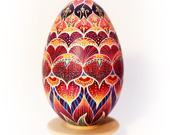 Ukrainian Pysanka Goose Egg, Batik Lotus Flower Ornament