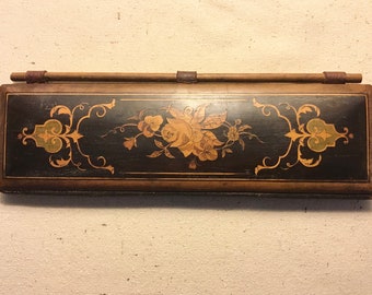 Antique Long Needle Case Inlaid Marquetry Floral Motif and Monogram