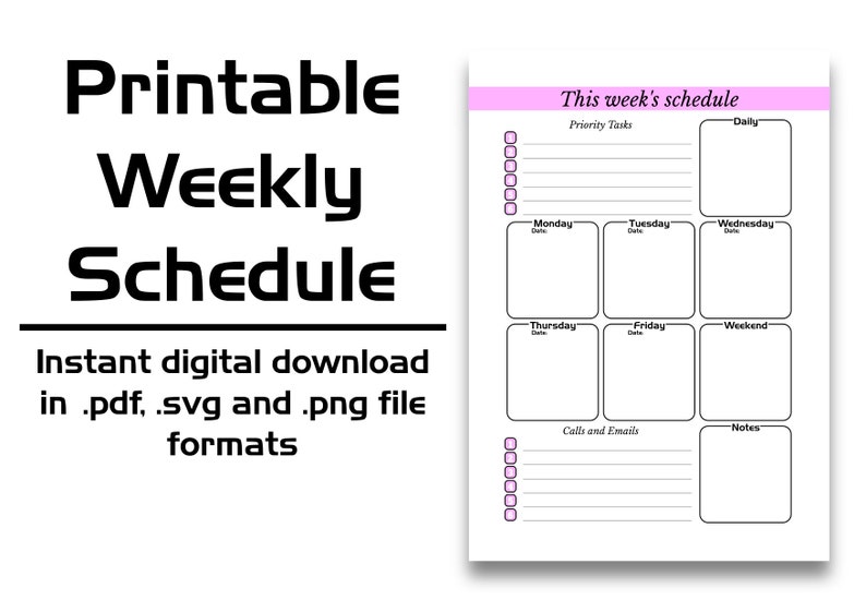 weekly schedule work schedule blank calendar cleaning schedule printable calendar workout calendar to do list instant download one week blank calendar