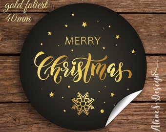 Merry Christmas, Sticker, Aufkleber, Geschenke verpacken, Folie, Gold, edel, Verschenken, Deko, glänzend, 40mm, verschönern