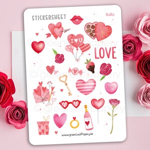Planche d'autocollants - XoXo | Autocollants, Amour, Bisous, Aquarelle, Scrapbooking, Agenda, Filofax, Bullet Journal, Saint-Valentin, Cœur, Rose
