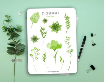 Stickerbogen - Green Leaves | Blätter, Sticker, Grünzeug, Pflanzen, Aquarell, Aufkleber, Scrapbook, Planer, Filofax, Bullet Journal