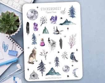 Stickerbogen - Mystical Forest | Sticker, Wald, Tannen, Wolf, Magie, Aufkleber, Stickerbogen, Scrapbook, Planer, Filofax, Bullet Journal