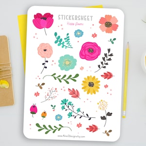 Hoja de pegatinas - Flores Felices | Pegatinas, flores, verde, colorido, hojas de pegatinas, álbum de recortes, planificador, Filofax, bullet journal