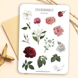 Hoja de pegatinas - Flores vintage | Pegatinas, flores, verde, hojas de pegatinas, álbum de recortes, agenda, Filofax, bullet journal