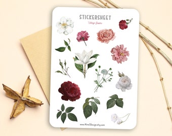 Stickerbogen - Vintage Flowers | Sticker, Blumen, grün, Blüten, Aufkleber, Stickerbogen, Scrapbook, Planer, Filofax, Bullet Journal