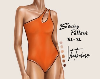 PDF Sewing Pattern - Bodysuit Off Shoulder One Piece Swimsuit / Cut-out One Shoulder One Piece Swimsuit